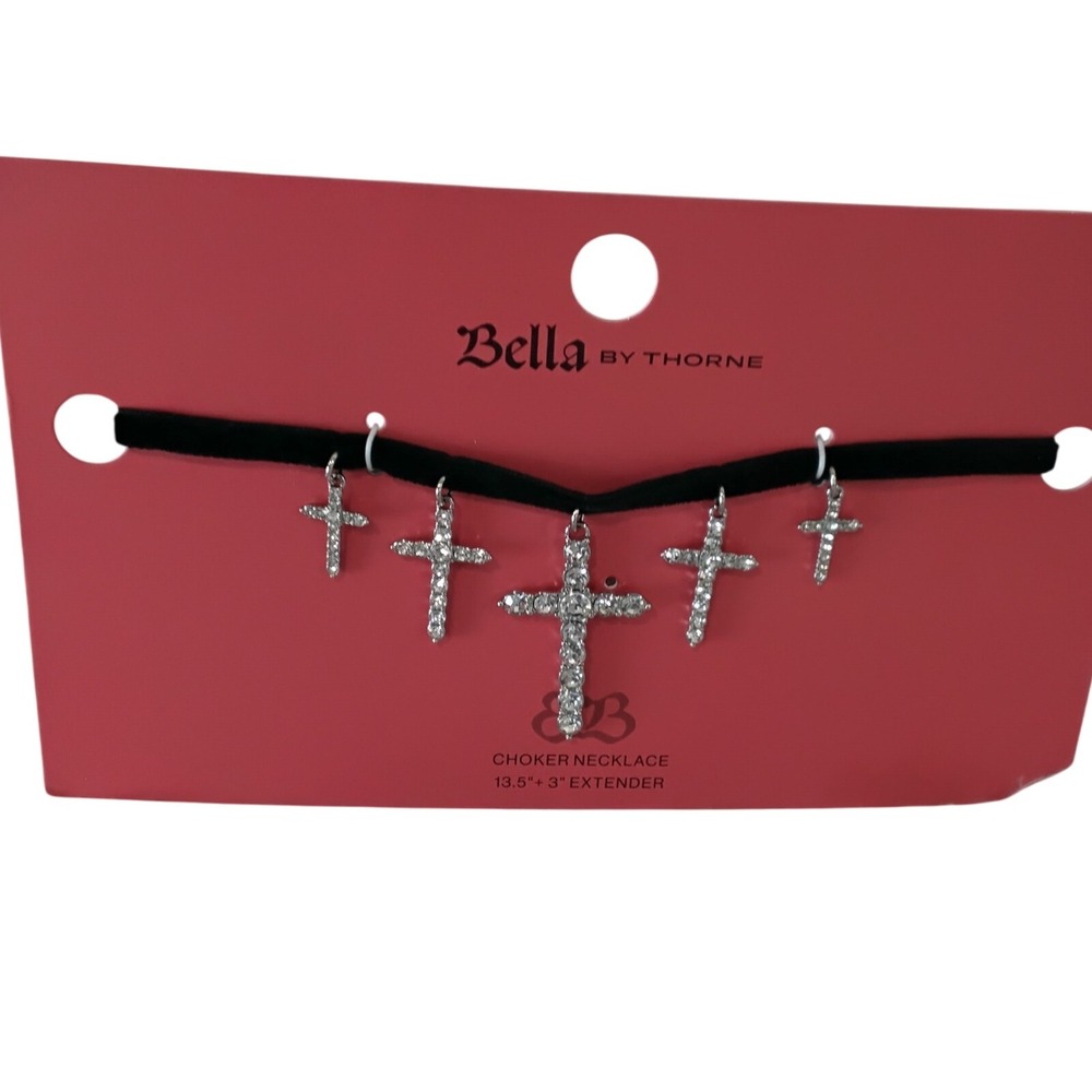 Bella‎ by Thorne Black Velvet Choker Necklace Multi Rhinestone Cross Pendant